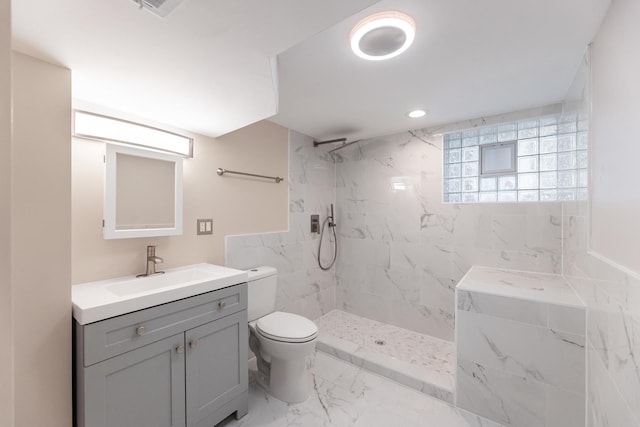 11311 S Stewart Ave, Chicago, IL 60628 - full bathroom featuring marble finish floors, toilet, vanity, a marble finish shower, and recessed lighting