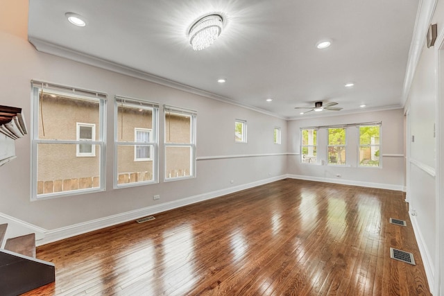11311 S Stewart Ave, Chicago, IL 60628 - unfurnished living room with ornamental molding, hardwood / wood-style flooring, baseboards, a ceiling fan, and recessed lighting