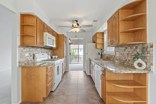 283 E Fabish Dr, Buffalo Grove, IL 60089 - kitchen featuring open shelves, white appliances, a sink, ceiling fan, and tasteful backsplash