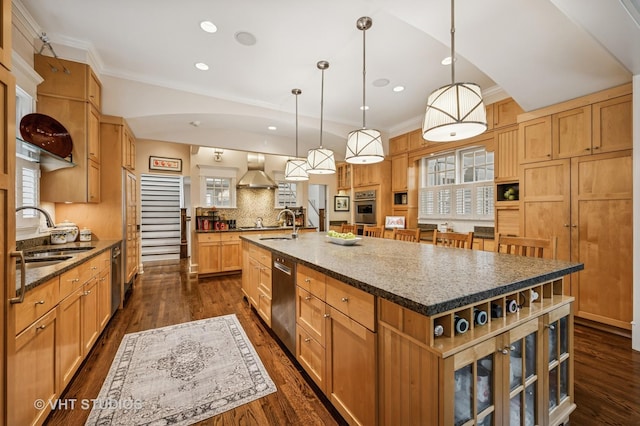 kitchen with a sink, wall chimney range hood, appliances with stainless steel finishes, open shelves, and dark wood-type flooring