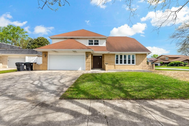 traditional-style house with brick siding, driveway, an attached garage, and a front yard