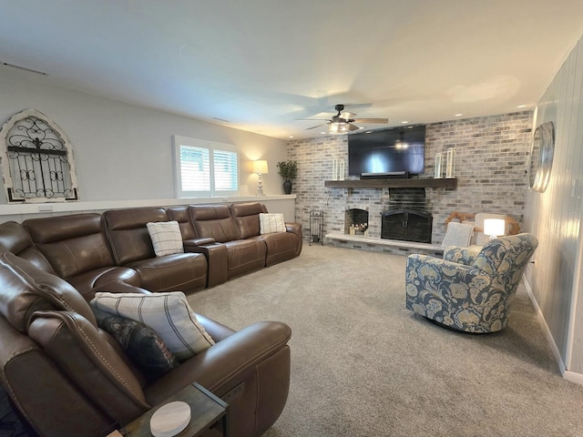 574 Aberdeen Rd, Frankfort, IL 60423 - living room featuring carpet floors, a ceiling fan, and a fireplace