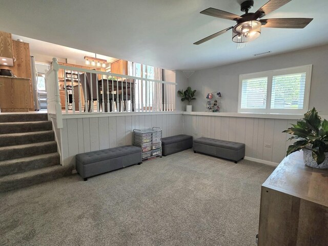 574 Aberdeen Rd, Frankfort, IL 60423 - living room with carpet flooring, ceiling fan, stairs, and wainscoting