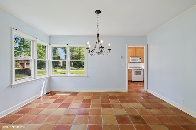 836 E Glenwood Rd, Glenview, IL 60025 - unfurnished dining area featuring ornamental molding, a chandelier, baseboards, and tile patterned floors
