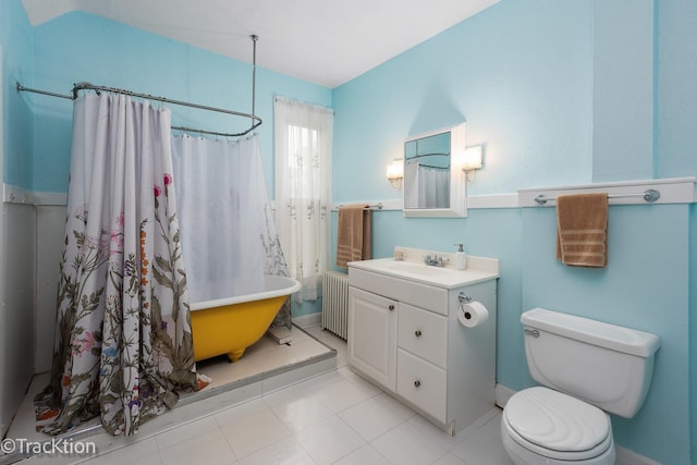 4929 Washington St, Downers Grove, IL 60515 - full bathroom with radiator heating unit, a soaking tub, vanity, and a shower with curtain