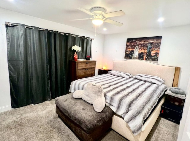 bedroom with carpet floors, ceiling fan, and recessed lighting