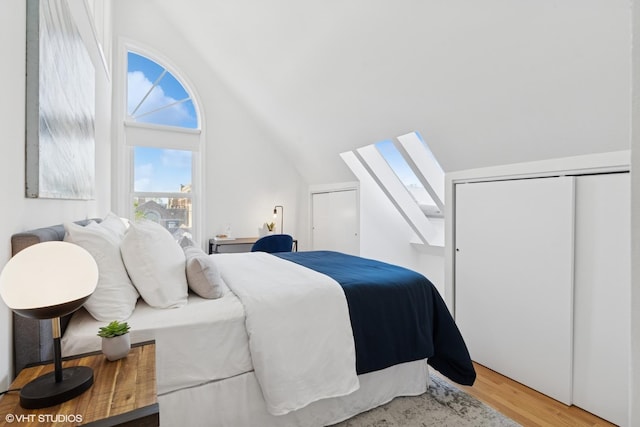 bedroom with wood finished floors, lofted ceiling, and a skylight
