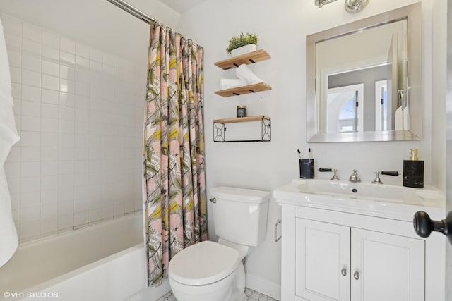 bathroom with toilet, shower / tub combo with curtain, and vanity