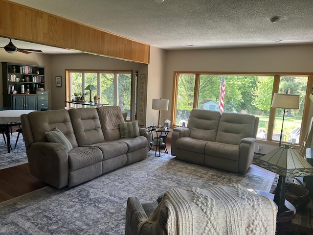 2493 W Mud Creek Rd, Mount Morris, IL 61054 - living room with healthy amount of natural light, a textured ceiling, a ceiling fan, and wood finished floors