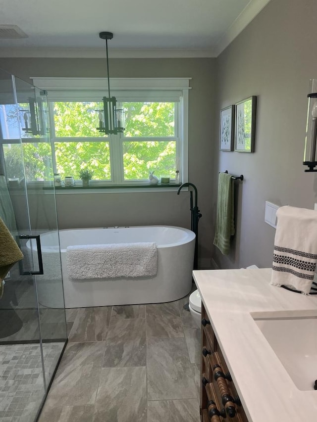 2493 W Mud Creek Rd, Mount Morris, IL 61054 - bathroom featuring a shower stall, a soaking tub, ornamental molding, toilet, and vanity