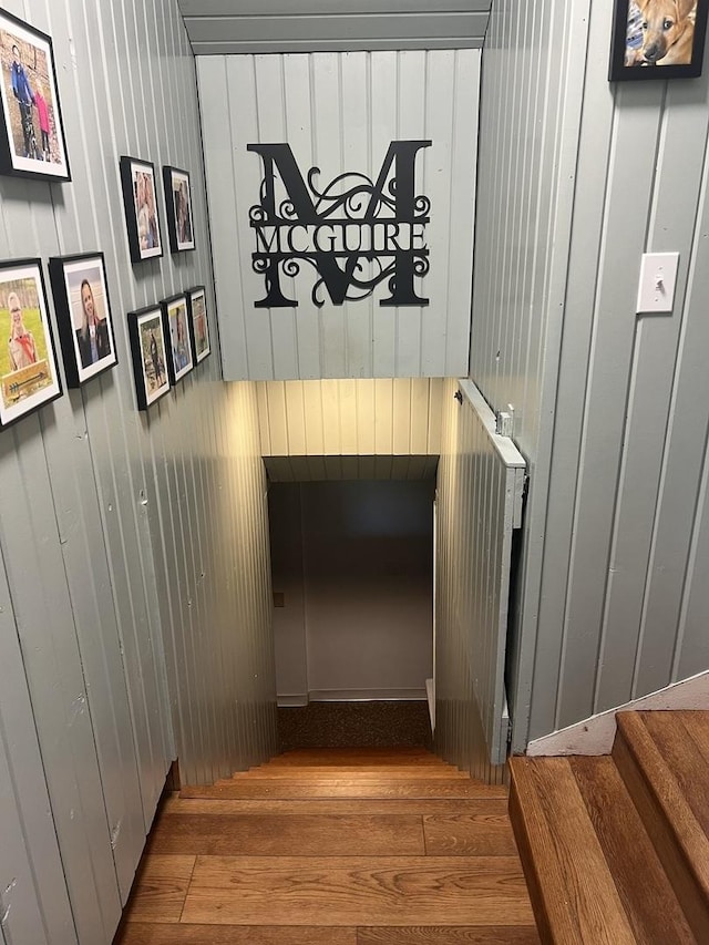 2493 W Mud Creek Rd, Mount Morris, IL 61054 - stairs with hardwood / wood-style floors and wood walls