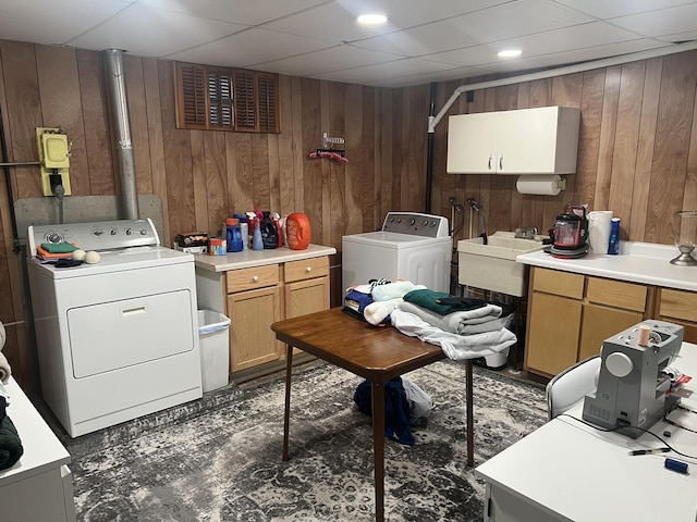 2493 W Mud Creek Rd, Mount Morris, IL 61054 - laundry area featuring cabinet space, separate washer and dryer, and wood walls