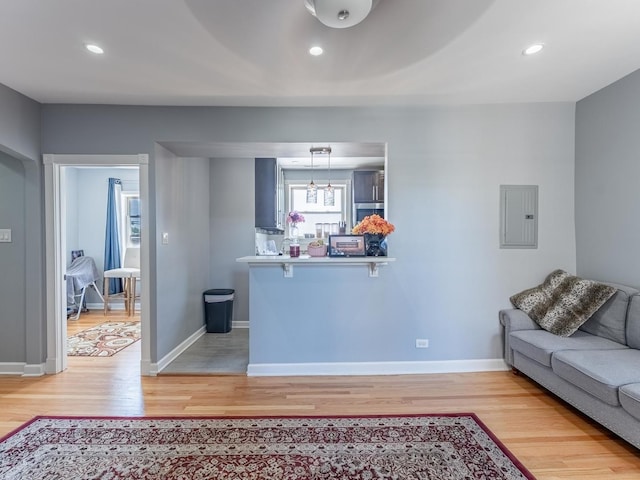 5717 N Kimball Ave Unit 2N, Chicago, IL 60659 - living area featuring electric panel, light wood-type flooring, baseboards, a chandelier, and recessed lighting