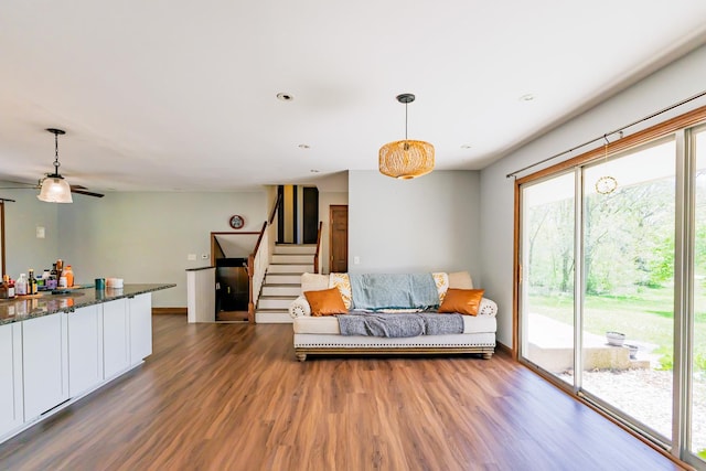 4182 Dawson Lake Rd, Poplar Grove, IL 61065 - living room featuring stairway, wood finished floors, ceiling fan, recessed lighting, and baseboards
