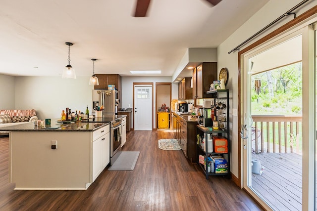 4182 Dawson Lake Rd, Poplar Grove, IL 61065 - kitchen featuring appliances with stainless steel finishes, dark wood-style floors, and dark stone countertops