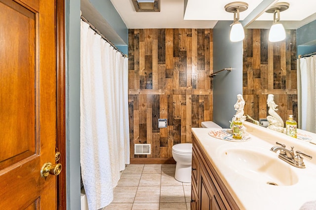 4182 Dawson Lake Rd, Poplar Grove, IL 61065 - full bathroom featuring toilet, vanity, tile patterned flooring, curtained shower, and wooden walls