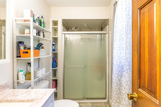 4182 Dawson Lake Rd, Poplar Grove, IL 61065 - full bathroom with a stall shower, vanity, toilet, and tile patterned flooring