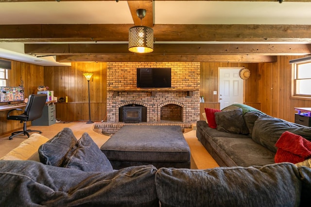 4182 Dawson Lake Rd, Poplar Grove, IL 61065 - carpeted living area with beamed ceiling, wooden walls, a desk, and a brick fireplace