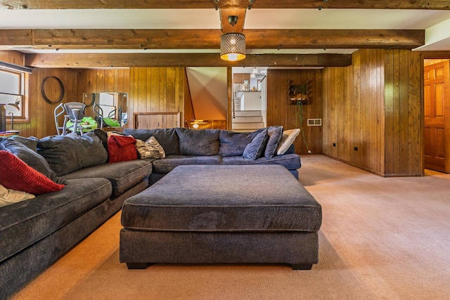 4182 Dawson Lake Rd, Poplar Grove, IL 61065 - carpeted living area with wood walls and beamed ceiling