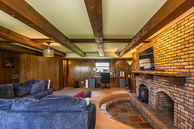 4182 Dawson Lake Rd, Poplar Grove, IL 61065 - carpeted living room with wooden walls, an office area, beamed ceiling, and a fireplace