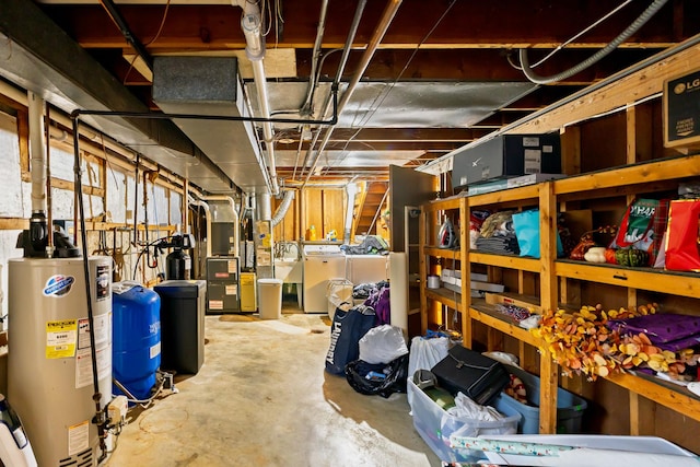 4182 Dawson Lake Rd, Poplar Grove, IL 61065 - unfinished basement featuring water heater, a water pressure tank, heating unit, and washer and dryer
