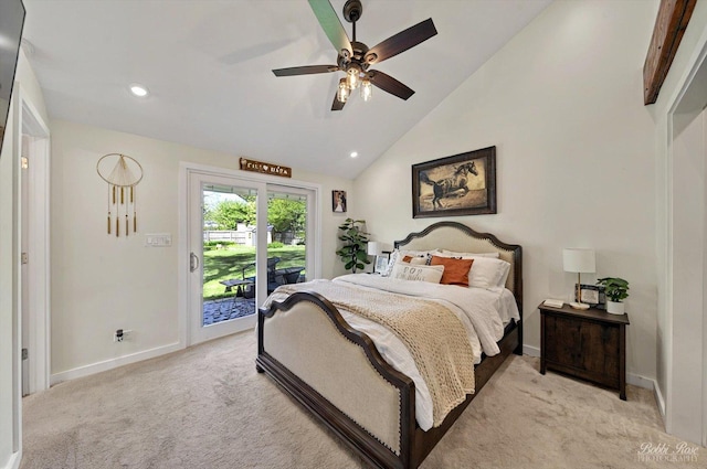 1224 S Mount Prospect Rd, Des Plaines, IL 60018 - bedroom featuring access to outside, light carpet, baseboards, vaulted ceiling, and recessed lighting