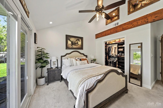 1224 S Mount Prospect Rd, Des Plaines, IL 60018 - bedroom with light colored carpet, vaulted ceiling, access to exterior, multiple windows, and recessed lighting