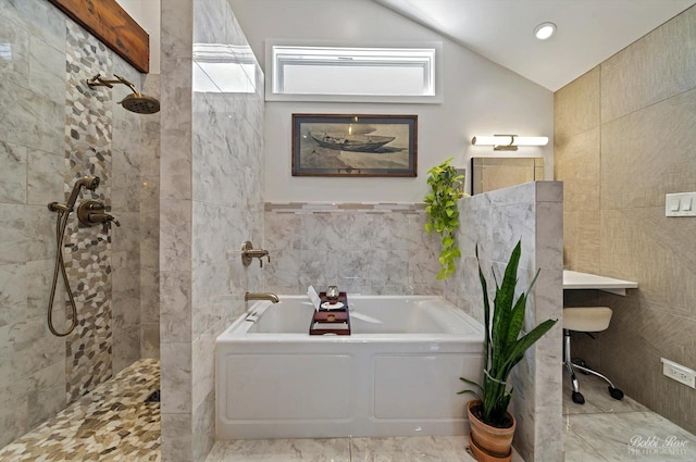1224 S Mount Prospect Rd, Des Plaines, IL 60018 - full bath featuring tile walls, a walk in shower, a bath, vaulted ceiling, and marble finish floors