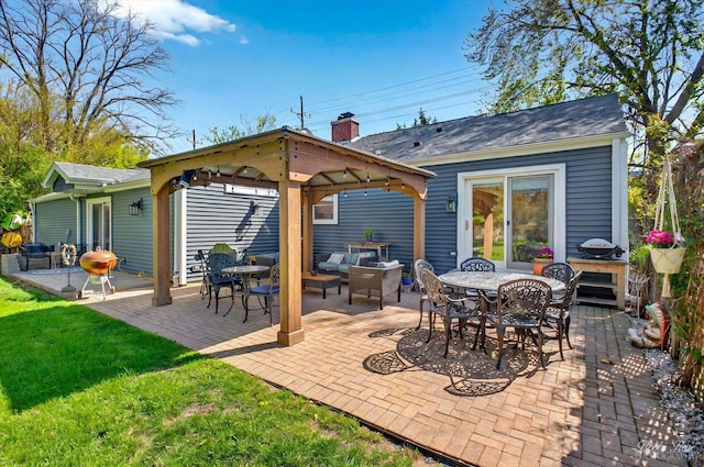 1224 S Mount Prospect Rd, Des Plaines, IL 60018 - back of house featuring a gazebo, a yard, a patio, a chimney, and outdoor dining space