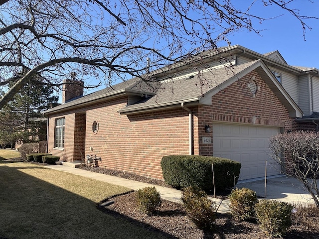 9423 Caledonia Dr, Tinley Park, IL 60487 - view of property exterior featuring brick siding, a chimney, a garage, driveway, and a yard