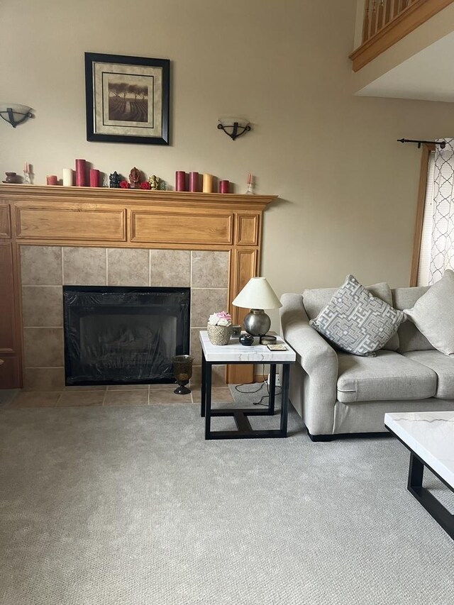 9423 Caledonia Dr, Tinley Park, IL 60487 - carpeted living area featuring a tiled fireplace