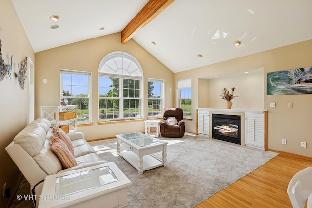 23803 E 3100 N Rd, Dwight, IL 60420 - living area featuring wood finished floors, a glass covered fireplace, beamed ceiling, baseboards, and recessed lighting