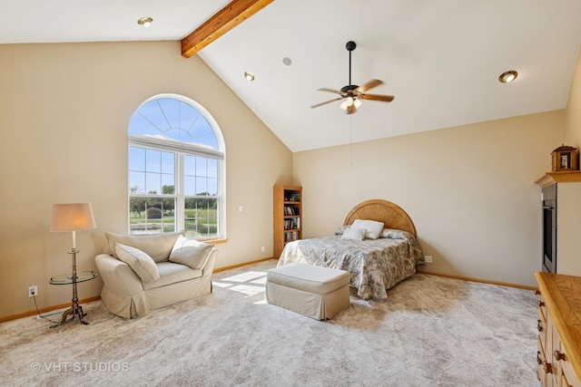 23803 E 3100 N Rd, Dwight, IL 60420 - carpeted bedroom featuring baseboards, beamed ceiling, high vaulted ceiling, and a ceiling fan