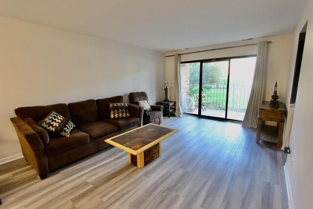 living room with light wood-type flooring and baseboards