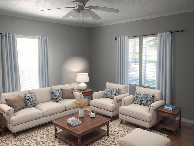 living area featuring wood finished floors, a ceiling fan, ornamental molding, and baseboards
