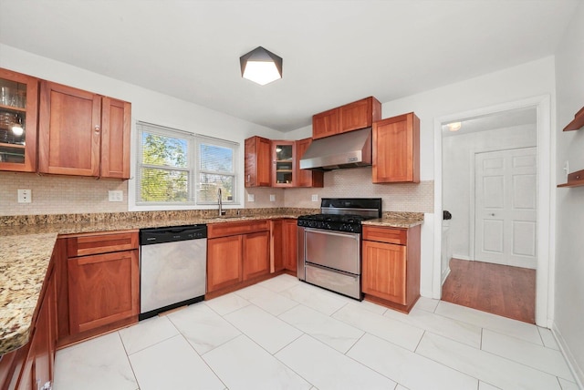 2747 Perry Rd, Flossmoor, IL 60422 - kitchen featuring exhaust hood, dishwasher, gas range oven, a sink, and decorative backsplash
