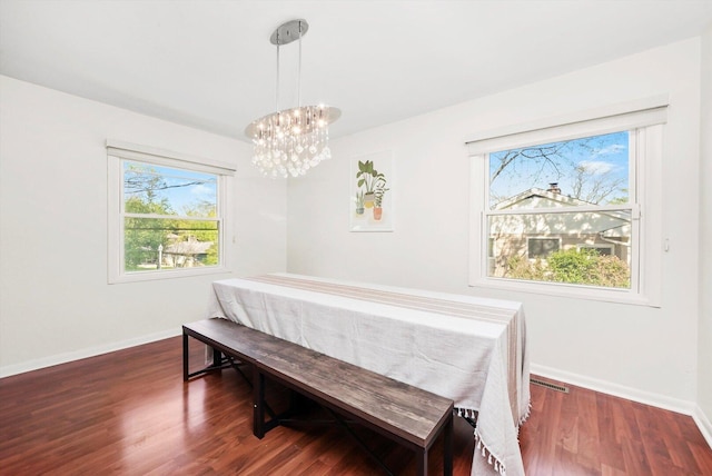 2747 Perry Rd, Flossmoor, IL 60422 - dining space with a chandelier, wood finished floors, and baseboards