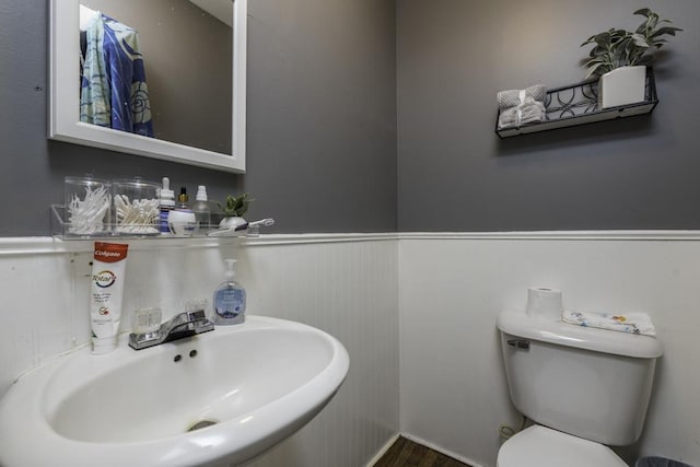 19451 W Hoag Ct, Mundelein, IL 60060 - half bathroom with a sink, wainscoting, toilet, and wood finished floors