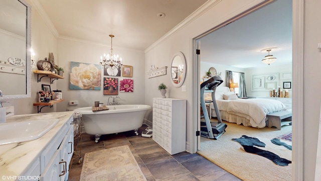 1215 Heather Ln, Glenview, IL 60025 - full bathroom featuring connected bathroom, a freestanding tub, vanity, a chandelier, and ornamental molding