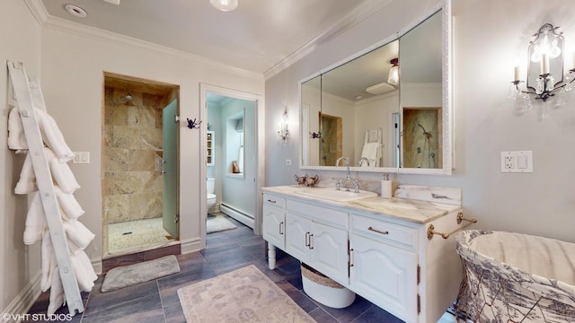 1215 Heather Ln, Glenview, IL 60025 - bathroom with a baseboard radiator, a stall shower, ornamental molding, vanity, and toilet