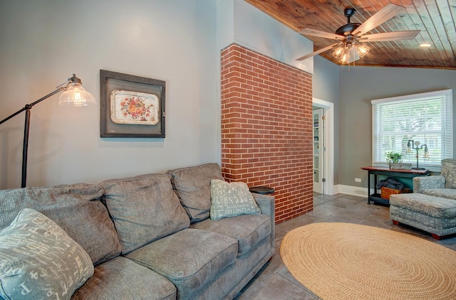 115 S Calumet Ave, Aurora, IL 60506 - tiled living area featuring wooden ceiling, ceiling fan, lofted ceiling, and baseboards