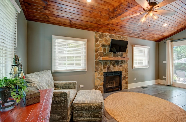 115 S Calumet Ave, Aurora, IL 60506 - living room with wooden ceiling, a stone fireplace, ceiling fan, baseboards, and vaulted ceiling