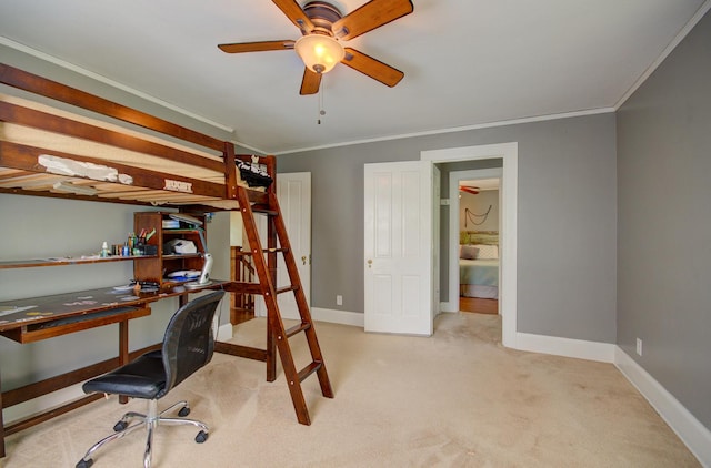115 S Calumet Ave, Aurora, IL 60506 - bedroom featuring carpet flooring, baseboards, ornamental molding, an office area, and ceiling fan