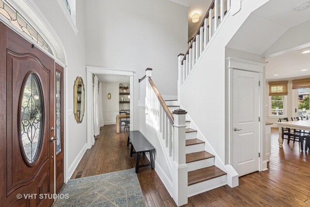 8250 Steepleside Dr, Burr Ridge, IL 60527 - entryway featuring stairs, wood-type flooring, a high ceiling, recessed lighting, and baseboards