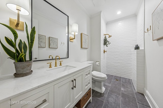 8250 Steepleside Dr, Burr Ridge, IL 60527 - full bath featuring vanity, tiled shower, toilet, crown molding, and baseboards