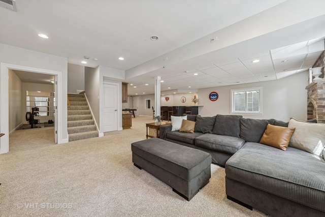 8250 Steepleside Dr, Burr Ridge, IL 60527 - living room featuring carpet floors, stairway, and recessed lighting