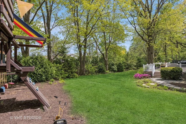 8250 Steepleside Dr, Burr Ridge, IL 60527 - view of green lawn featuring a wooden deck
