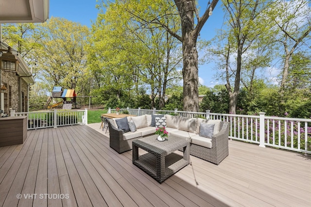 8250 Steepleside Dr, Burr Ridge, IL 60527 - wooden terrace with an outdoor living space, a playground, and view of wooded area
