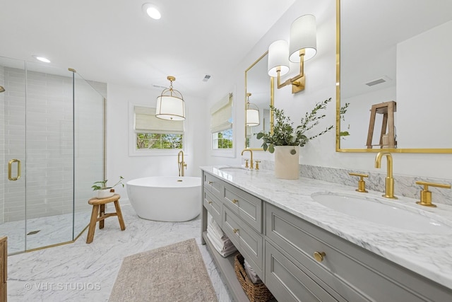 8250 Steepleside Dr, Burr Ridge, IL 60527 - bathroom featuring double vanity, a stall shower, a freestanding bath, recessed lighting, and marble finish flooring