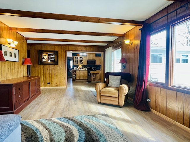 18269 W Woodland Ter, Gurnee, IL 60031 - living area with wooden walls, light wood-style floors, beamed ceiling, baseboards, and an office area